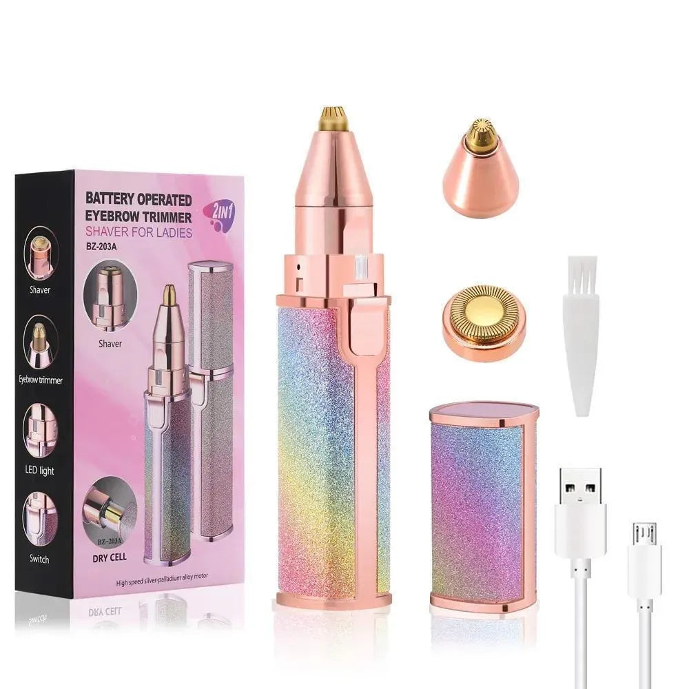 Eyebrow Facial Trimmer: 2 in1 Rechargeable Facial Hair Removal and Eyebrow Shaver - Face Lips Body Painless Facial Razor with Built-in LED Light (Pink)