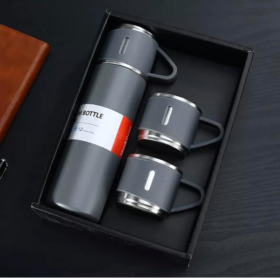 Coffee Thermal Flask Set, Stainless Steel Water Bottle with 3-Cups Leakproof Lids Vacuum Insulated, Double Wall for Hot & Cold Beverage Portable Mug for Travel, Gift for Men & Women (Gray)