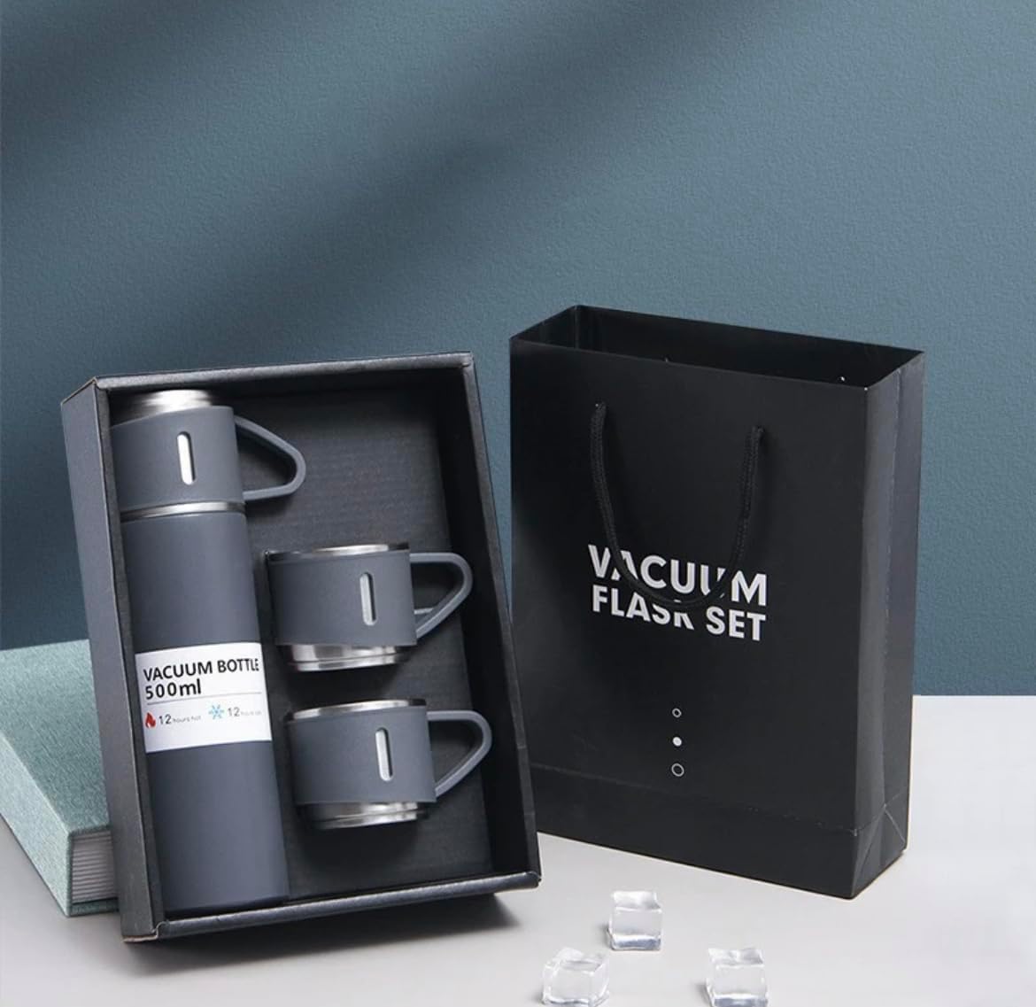 Coffee Thermal Flask Set, Stainless Steel Water Bottle with 3-Cups Leakproof Lids Vacuum Insulated, Double Wall for Hot & Cold Beverage Portable Mug for Travel, Gift for Men & Women (Gray)