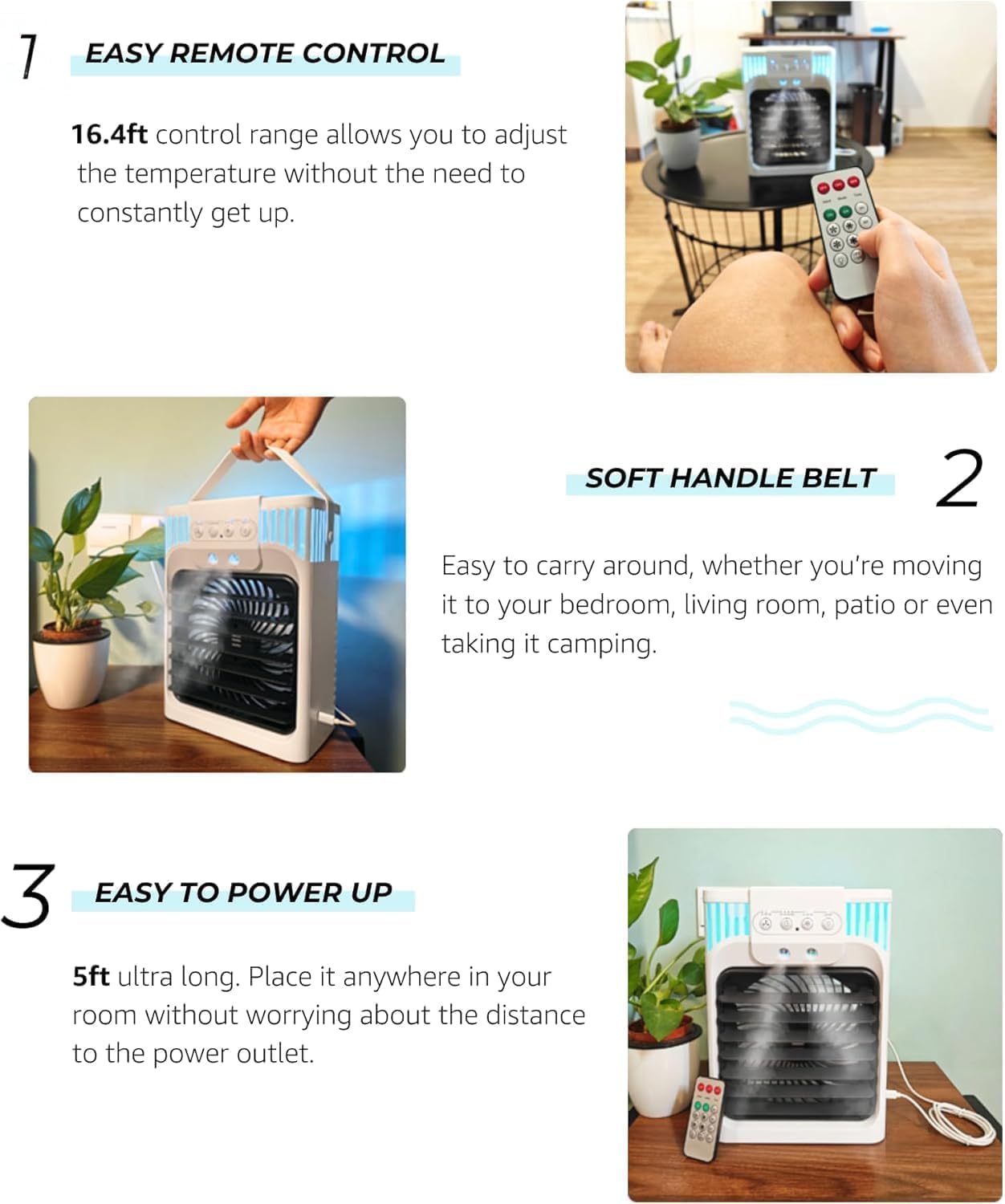 Portable Air Conditioners, Mini Air Conditioner, Personal Air Conditioner, AC Unit Cooling Fan with Remote Control, 3 Speed, 3 Mist, 7 Light,1-3H Timer, Evaporative Air Cooler Fan for Bedroom Office