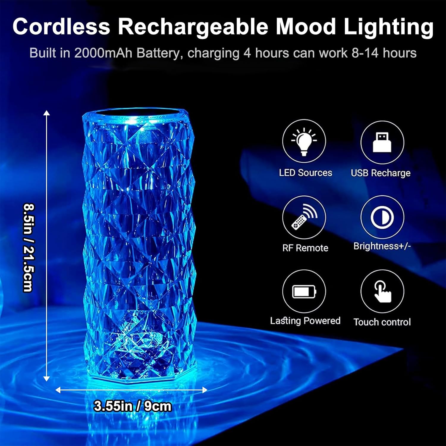 Crystal Table Lamp (Touch & Remote), 4 Modes 16 Color Changing Night Light, Rechargeable, Dimmable, RGB Rose Diamond Ambient Mood Lighting, Protable Cordless Desk Lamp for Bedroom Living Room Party