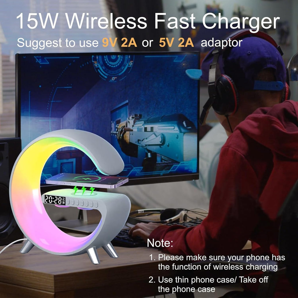 Mini G Atmosphere Lamp with Bluetooth Speaker, Night Light Sunrise Alarm Clock, Wireless Charger, Smart Light Sound Machine for Bedroom, Ivory White