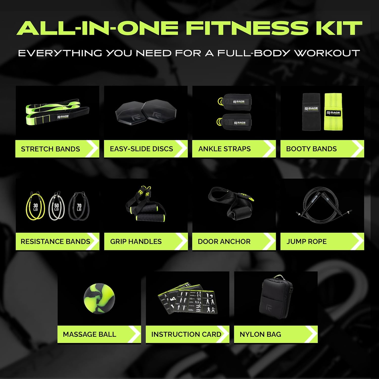Ex Kit Home Gym Equipment with Carry Bag - 11Pcs Resistance Bands Kit with Handles, Door Anchor, Jump Rope, Booty Bands & More – Full Body Workout Bands Set for Strength, Cardio & Flexibility