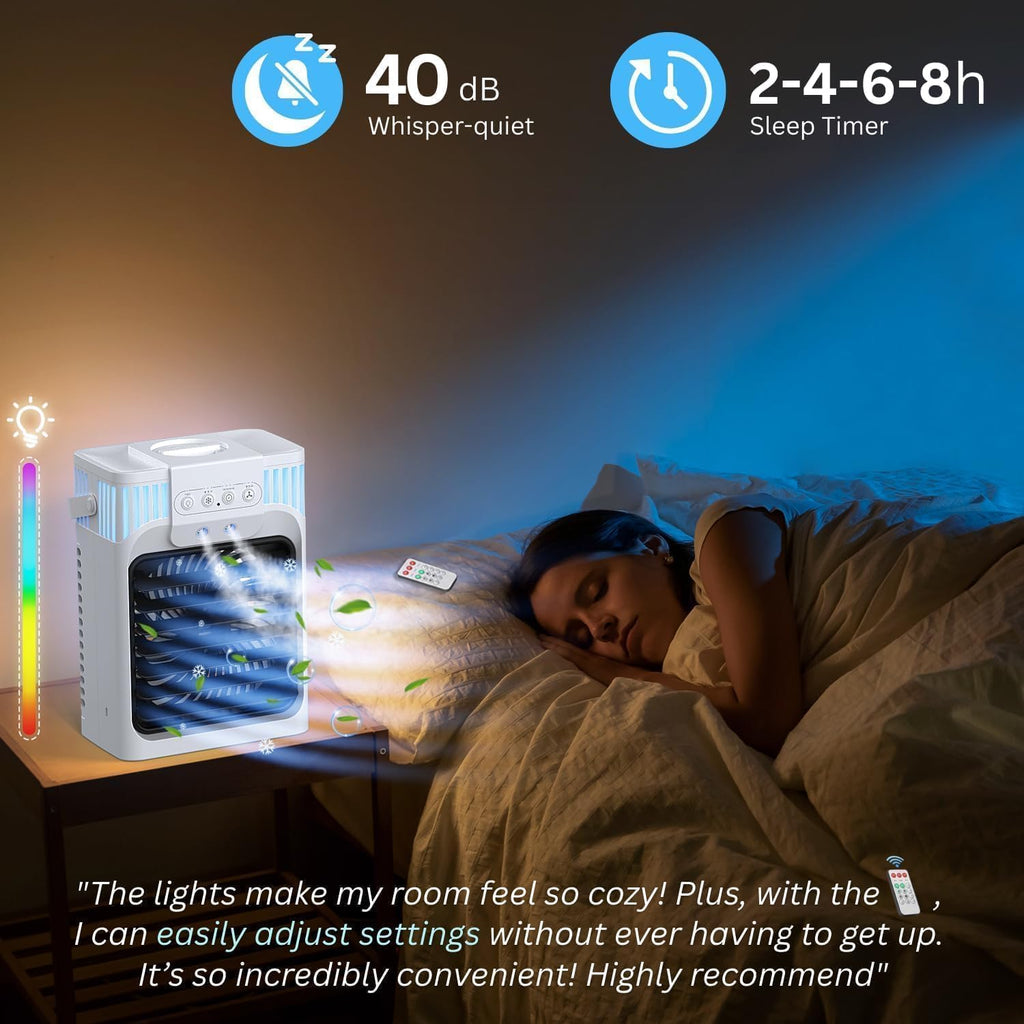 Portable Air Conditioners, Mini Air Conditioner, Personal Air Conditioner, AC Unit Cooling Fan with Remote Control, 3 Speed, 3 Mist, 7 Light,1-3H Timer, Evaporative Air Cooler Fan for Bedroom Office