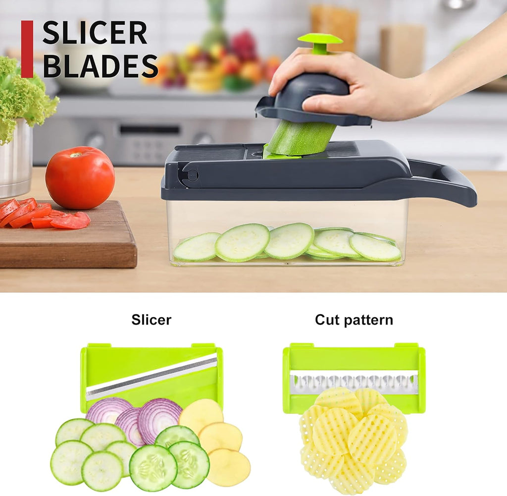 Vegetable Chopper Mandoline Slicer,Veggie Chopper, Multifunctional 10 in 1 Food Choppers, Kitchen Vegetable Slicer Dicer Cutter,Onion Mincer,Cheese,Colander Basket,Kitchen Gadgets (Gray/Green) (Grey)