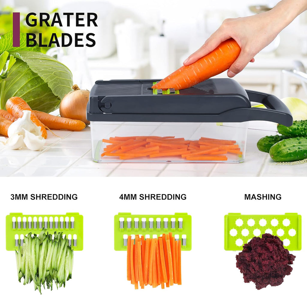 Vegetable Chopper Mandoline Slicer,Veggie Chopper, Multifunctional 10 in 1 Food Choppers, Kitchen Vegetable Slicer Dicer Cutter,Onion Mincer,Cheese,Colander Basket,Kitchen Gadgets (Gray/Green) (Grey)