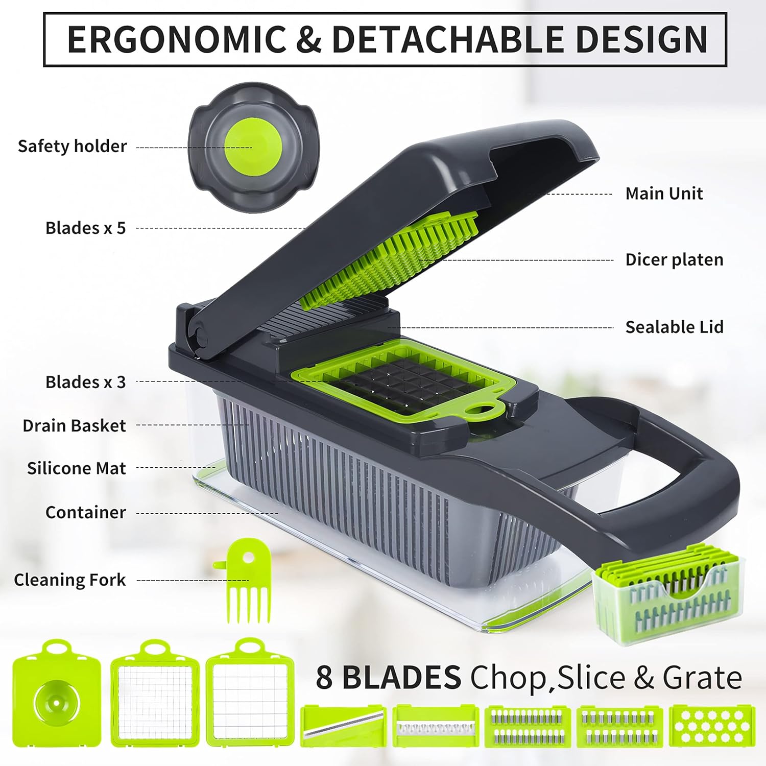Vegetable Chopper Mandoline Slicer,Veggie Chopper, Multifunctional 10 in 1 Food Choppers, Kitchen Vegetable Slicer Dicer Cutter,Onion Mincer,Cheese,Colander Basket,Kitchen Gadgets (Gray/Green) (Grey)