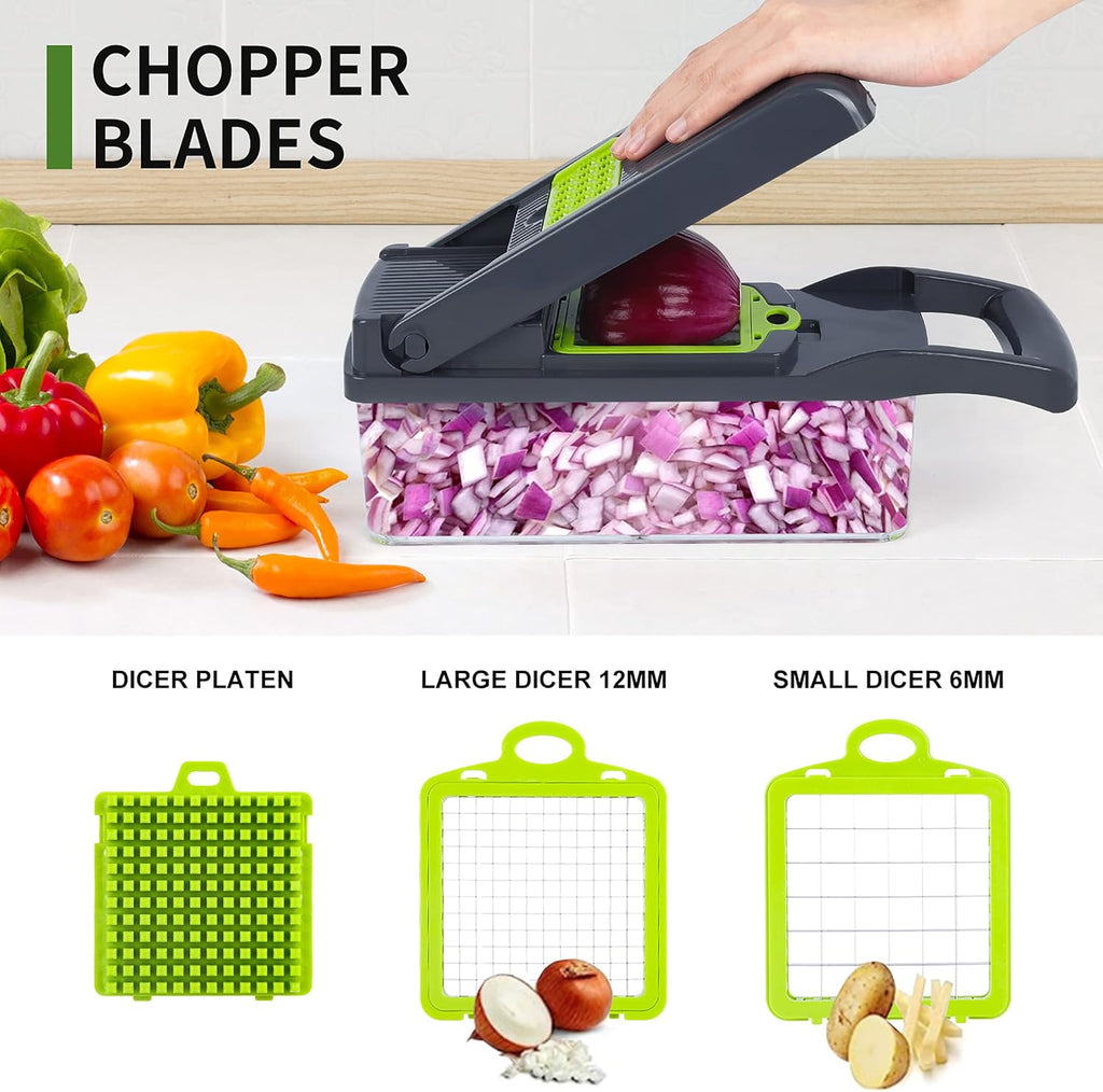 Vegetable Chopper Mandoline Slicer,Veggie Chopper, Multifunctional 10 in 1 Food Choppers, Kitchen Vegetable Slicer Dicer Cutter,Onion Mincer,Cheese,Colander Basket,Kitchen Gadgets (Gray/Green) (Grey)